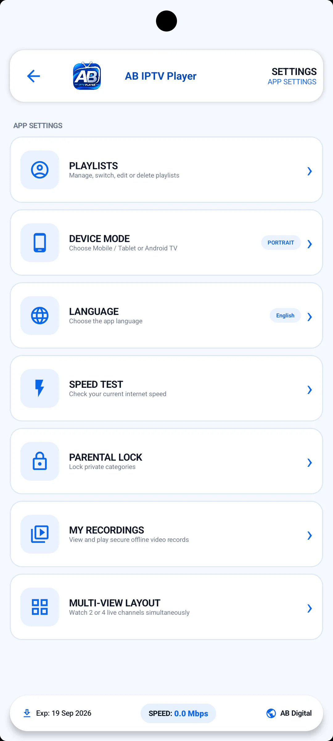 AB IPTV Player features and settings screen