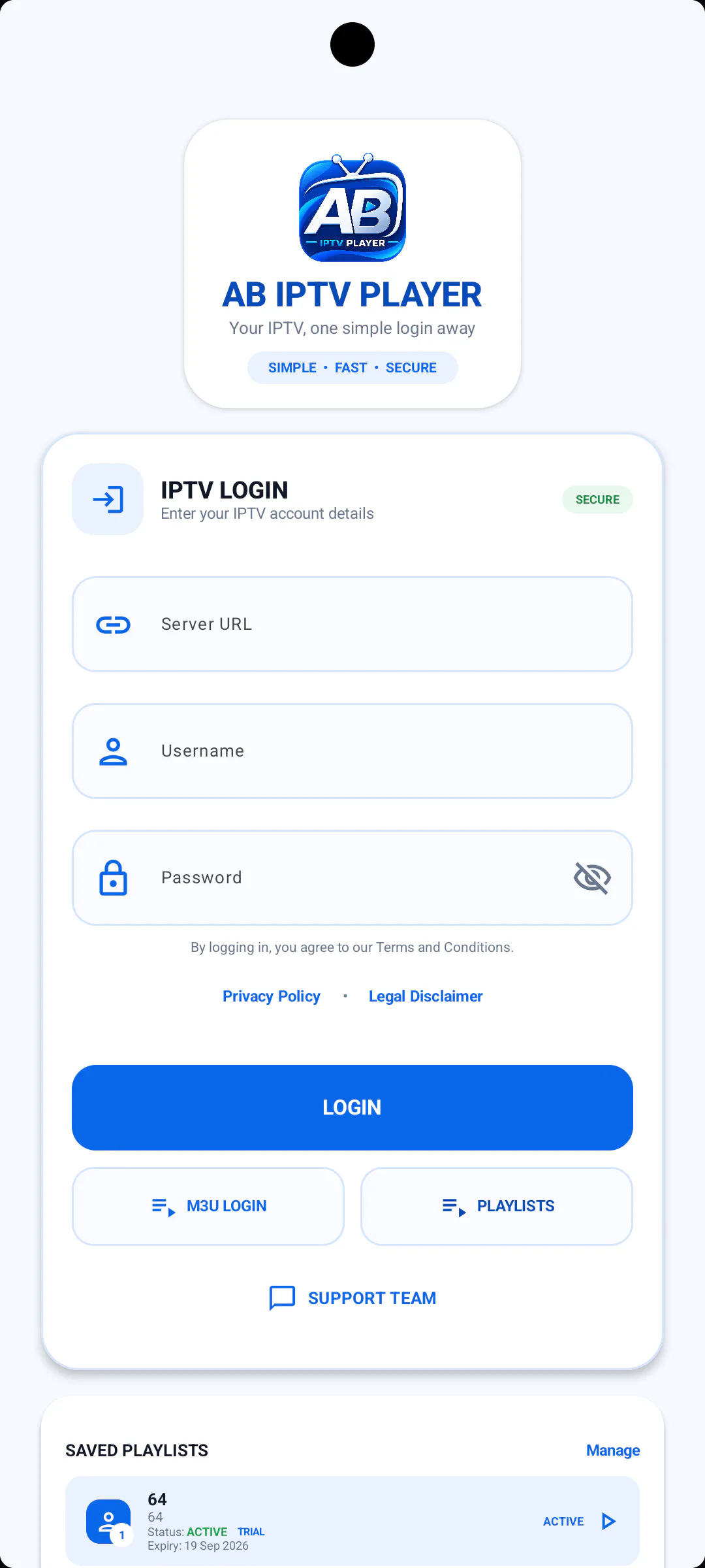AB IPTV Player login screen for IPTV playlists