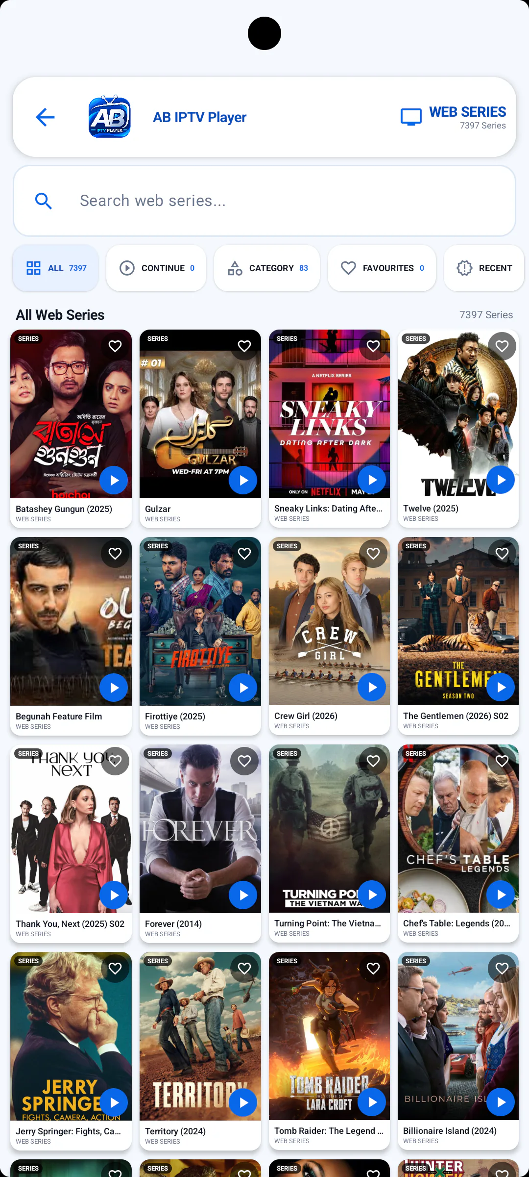 IPTV player web series and episodes screen
